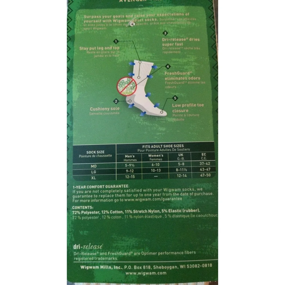 2 Pr Wigwam Unisex Size Large White Crew Socks Avenger Cushioned Sole‎ New C-T